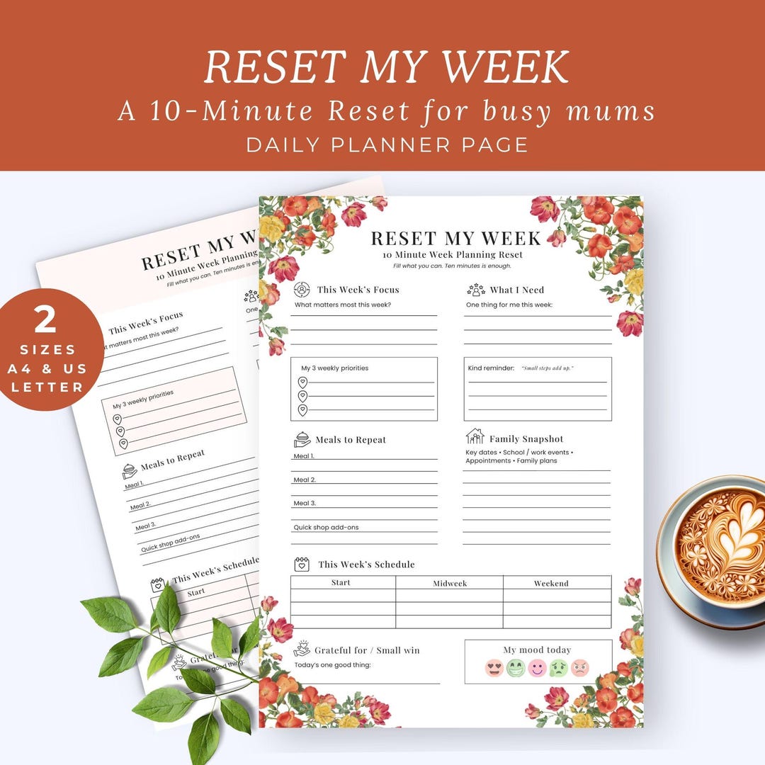 Weekly Reset Planner Printable PDF, Floral Planning Sheet, A4 & US ...