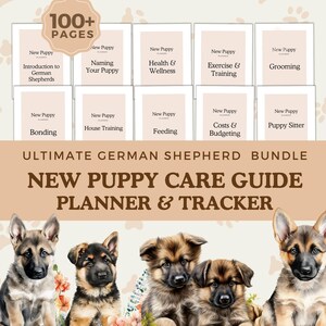 Op de afbeelding: Een printbare gids voor nieuwe eigenaren van Duitse herderspups. De gids bevat secties over binding, zindelijkheids training, voeding, kosten en budgettering, oppas, verzorging, beweging en training, gezondheid en welzijn, en het kiezen van een naam voor je pup. De gids is geïllustreerd met aquarellen van vier schattige Duitse herderspups.