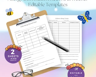 Peut inclure: Deux modèles d'enregistrement et de suivi des allergies imprimables. Le premier modèle est intitulé "Child Allergy Record Chart" et le second est intitulé "Children's Allergy Tracker". Les deux modèles ont un design d'abeille et de papillon.