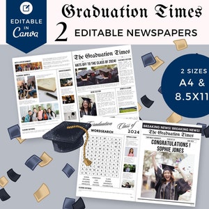 Plantilla de anuncio de periódico de graduación, invitación a fiesta de graduación, póster de graduación universitaria, promoción de 2024, tarjetas de noticias de graduación de la escuela secundaria