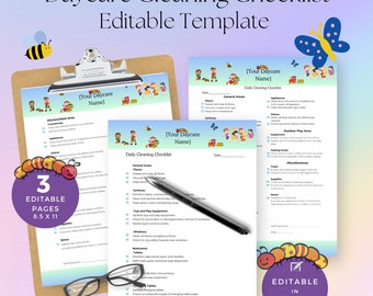 May include: A printable daycare cleaning checklist template with three editable pages. The checklist includes sections for general areas, outdoor play areas, and miscellaneous tasks. The template features a colorful design with cartoon bees and butterflies.