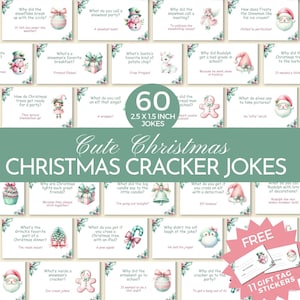 May include: A set of 60 Christmas cracker jokes, each 6.35 cm x 3.81 cm, with festive illustrations. The design features snowmen, elves, and Christmas trees, with a free set of 11 gift tag stickers. The overall theme is holiday humor.