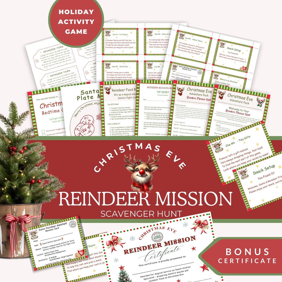 Christmas Eve Scavenger Hunt Printable, Kids Activity Game, Reindeer ...