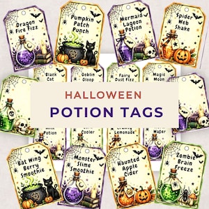 May include: A collection of rectangular Halloween potion tags featuring illustrations of cauldrons, glass bottles, skulls, and black cats. Each tag includes a hole at the top and text labels such as Dragon Fire Fizz, Pumpkin Patch Punch, and Zombie Brain Freeze.