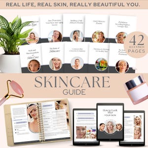 May include: A skincare guide with the text "SKINCARE GUIDE" and "How to Look After YOUR SKIN". The image includes a plant, a pink face roller, a jar of cream, and several tablets and booklets with skincare information.