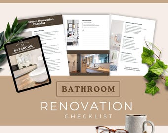 May include: A digital tablet displays a "Bathroom Renovation Checklist" next to printed checklists and a coffee mug. The image features the text "Design - Plan - Refresh" and "Bathroom Renovation Checklist" in a neutral color palette.