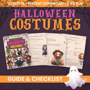 May include: A printable guide and checklist for Halloween costumes. The guide features a fun and easy checklist for planning costumes, with illustrations of various characters. The checklist includes sections for costume theme, quick reference, and gathering items.