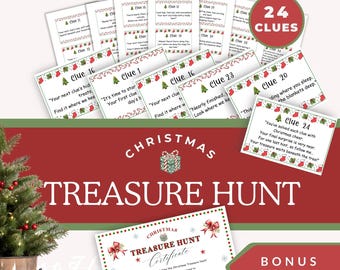 Könnte beinhalten: Ein Weihnachts-Schatzsuche-Set mit 24 Hinweisen, einem Bonus-Zertifikat und einem kleinen Weihnachtsbaum. Die Hinweise sind auf kleinen Karten mit festlichen Designs und Text gedruckt. Das Set ist für ein Weihnachtsspiel konzipiert.