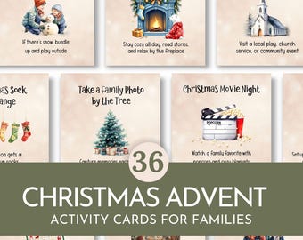 May include: A set of 36 Christmas Advent activity cards for families. The cards feature illustrations of winter scenes and activities, such as building a snowman, having a pajama day, and watching a Christmas movie. The cards are printed on white cardstock with a green border.