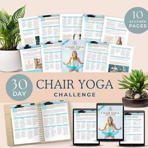 30 dagen stoelyoga-uitdaging | Zachte zittende yoga voor beginners | Afdrukbare wellnessgids voor mindful bewegen en flexibiliteit | Zelfzorg-pdf