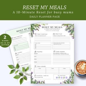 May include: Two daily planner pages with the text "RESET MY MEALS" and "A 10-Minute Reset for busy mums". The pages include sections for meal planning, daily schedules, and mood tracking. The planner is available in A4 and US Letter sizes.