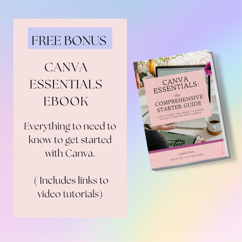 May include: A pink and white ebook cover with the title "Canva Essentials: The Comprehensive Starter Guide". The cover features a laptop, a coffee cup, and a pink flower.