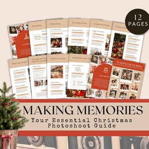 Op de afbeelding: Een printbare gids voor het plannen van een kerstfotoshoot. De gids bevat 12 pagina's met tips voor het plannen van outfits, het opnemen van rekwisieten, het selecteren van een locatie, het vaststellen van de datum en tijd, het vastleggen van de magie en het voorbereiden op de shoot. De gids bevat ook bonus-ideeën en tips voor de nabewerking.