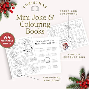 Könnte beinhalten: A4-Druckbögen mit Mini-Witz- und Malbüchern zum Thema Weihnachten. Das Bild zeigt festliche Illustrationen, darunter Weihnachtsmann, Rentiere und Schneemänner. Anweisungen zur Erstellung des Mini-Malbuchs sind ebenfalls enthalten.