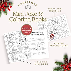 Könnte beinhalten: Ein druckbares Mini-Witz- und Malbuch zum Thema Weihnachten. Das Cover zeigt den Text "Christmas Mini Joke & Coloring Books". Die Malvorlagen enthalten Illustrationen von Weihnachtsmann, Elfen und anderen Weihnachtsfiguren. Anweisungen sind enthalten.