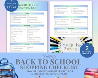 May include: Editable back-to-school shopping checklist with two pages. The checklist is divided into categories such as clothing, school supplies, technology, hygiene and personal care, miscellaneous, and optional extras. The checklist is designed to help parents and students stay organized and prepared for a successful school year.