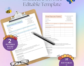 May include: Editable childcare invoice template with two pages, 8.5 by 11 inches, in a light blue and pink color scheme. The template includes sections for invoice number, date, due date, description, quantity, price, total amount due, payment details, and contact information. The template is designed to be used in Canva.