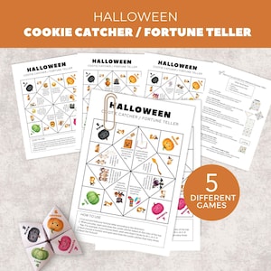 May include: A set of printable Halloween cootie catcher fortune teller paper games featuring black, orange, lime, and magenta color labels with various holiday-themed illustrations and text instructions for folding and playing the game.