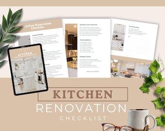 May include: A digital kitchen renovation checklist with the text "DESIGN - PLAN - REFRESH" at the top. The checklist includes a tablet, open notebook, and a mug with glasses. The words "KITCHEN RENOVATION CHECKLIST" are displayed.