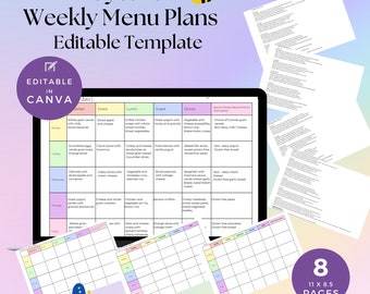May include: Editable daycare weekly menu plan template with 8 pages. The template is color-coded with pastel colors and includes a section for special dietary requirements.