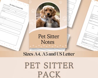 May include: A printable pet sitter pack with a brown background and paw prints. The pack includes a pet sitter contact info sheet, a pet sitter notes sheet, and a pet sitter log sheet. The image features a dog, cat, and rabbit.