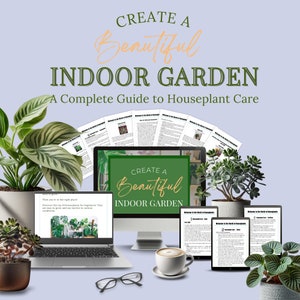 May include: A digital guide to creating a beautiful indoor garden, featuring a laptop, tablet, and several houseplants. The guide includes tips on how to care for houseplants and create a thriving indoor garden.