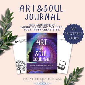 Puede incluir: Una portada de diario imprimible con un dise&ntilde;o abstracto colorido que presenta una cabeza humana sobre un fondo morado, azul y rosa. El texto en la portada dice "Art & Soul Journal" y "365 Days of Creative Prompts".