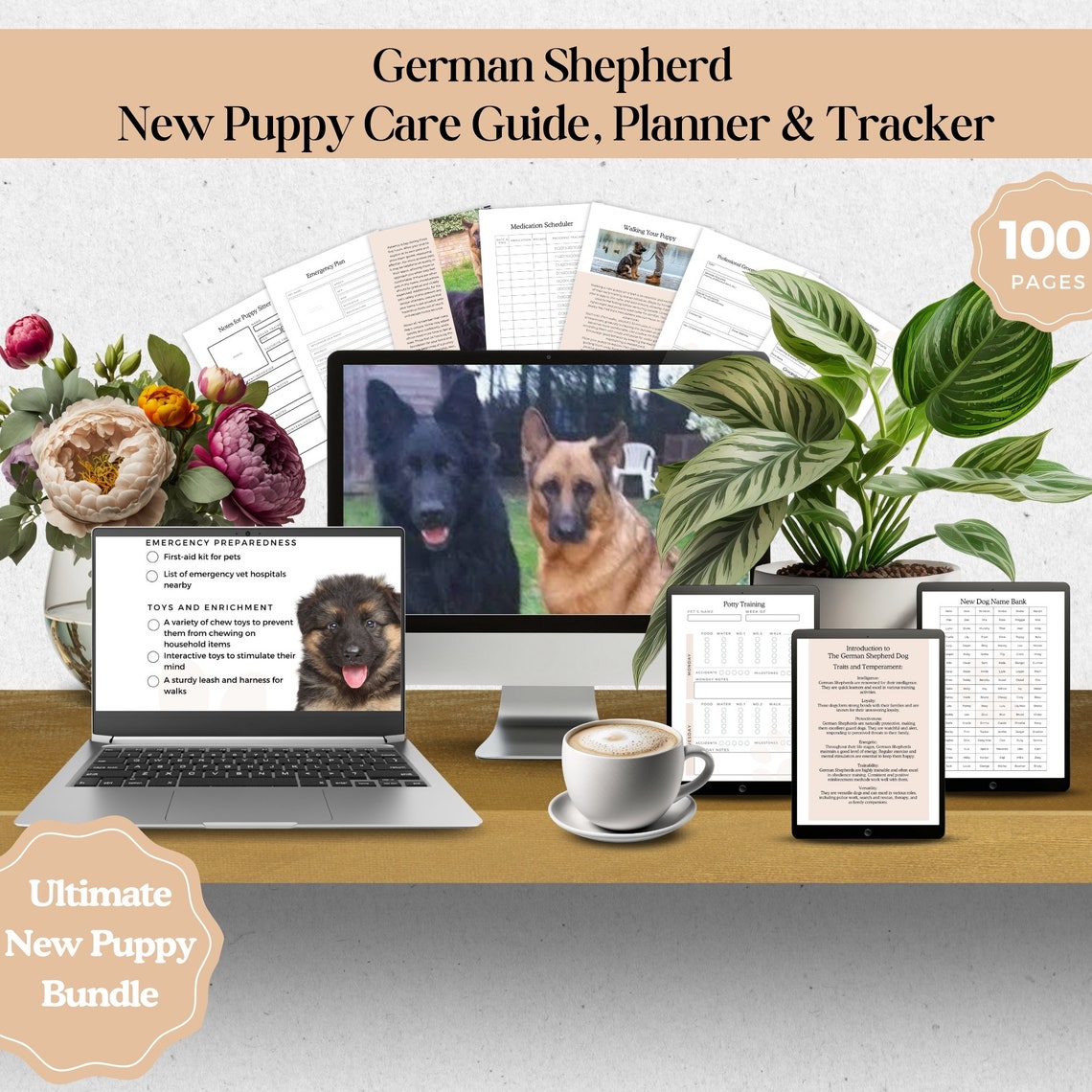 German Shepherd Puppy Care Guide, Planner and Tracker, Printable Bundle