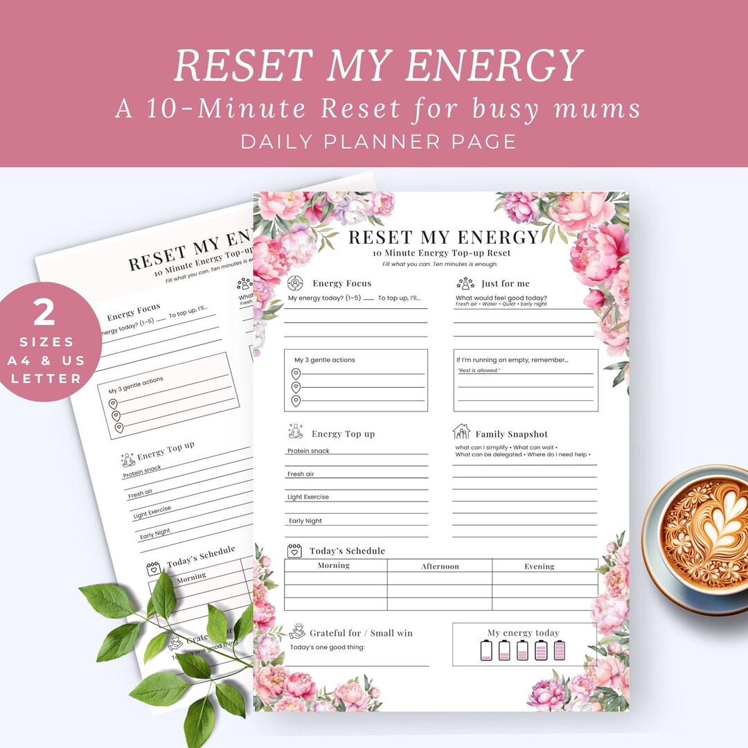 Reset My Energy Printable PDF, Self Care Planner Page, A4 & US Letter ...