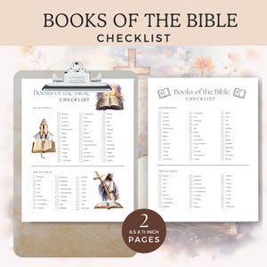 Könnte beinhalten: Zwei druckbare Checklisten-Seiten zum Verfolgen der Bücher der Bibel. Jede Seite zeigt ein anderes Bild einer Bibel und einer religiösen Szene. Der Text "Books of the Bible Checklist" befindet sich oben auf jeder Seite. Die Seiten sind 8,5 x 11 Zoll groß.