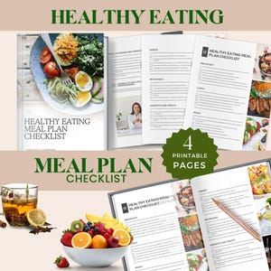 Op de afbeelding: Een printbare checklist voor het plannen van gezonde maaltijden. De checklist bevat secties voor ontbijt, lunch, diner, snacks, dranken en desserts en lekkernijen. De checklist is ontworpen om mensen te helpen gezondere voedselkeuzes te maken.