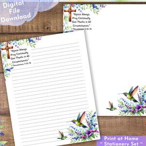 Juego de papelería con versículos bíblicos, colibríes, cruz cristiana católica, papel de escritura imprimible, tamaño carta A4, con líneas y sin líneas