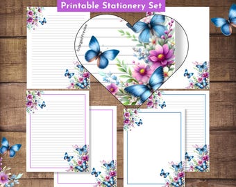 Blue Butterflies Printable Stationery Butterfly Floral Spring Stationary Set Writing Paper 8.5X11 US Letter Size A4 Note Paper Lined Unlined