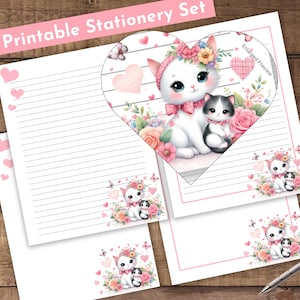 Kittens Cat Printable Stationary Stationery Set Hearts Kids Journal Pages Letter Writing Paper Letter Size 8.5 x 11&quot;, A4 Lined Unlined