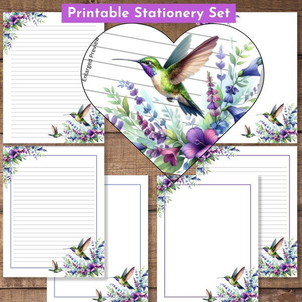 Hummingbird Printable Stationery, Floral Stationary Writing Paper, US Letter Size 8.5 x 11", A4 Print at Home Note Paper Lined Unlined