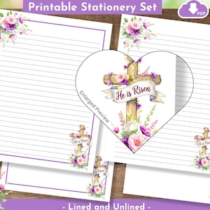May include: Printable stationery set featuring lined and unlined paper with floral accents. The design includes a heart-shaped page with a cross and the text "He is Risen". The set is decorated with purple and pink flowers.