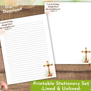 Conjunto de papelaria com citações bíblicas para impressão, oração, cruz católica, papel de escrita religiosa inspirador, tamanho carta dos EUA, 8,5 x 11", A4 pautado, sem pauta