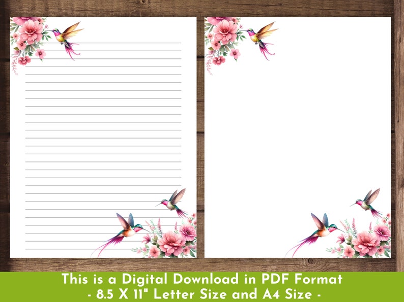 Hummingbird Printable Stationary Set Pink Floral Flowers Spring