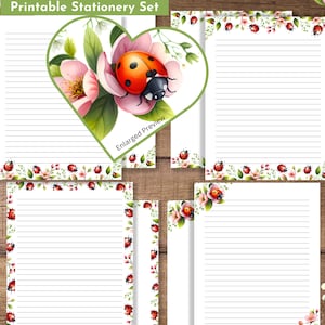 Papelería imprimible con diseño de mariquitas, escarabajos, flores rosas primaverales, tamaño carta (8,5 x 11 pulgadas), A4, con rayas y sin rayas.