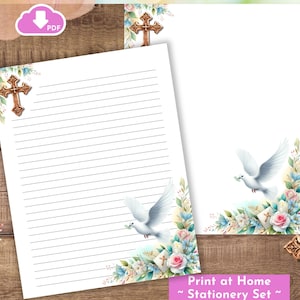Juego de papelería con forma de cruz de la paloma de la paz, imprimible en PDF, para comunión, confirmación, católico, religioso, papel de escritura, tamaño carta, 8,5 x 11, A4, con líneas y sin líneas.