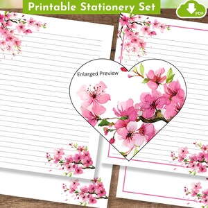 Set de papelería imprimible con diseño de ramas de cerezo en flor rosa (Sakura), papel para escribir cartas, con líneas y sin líneas, y papel para diario.