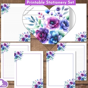 Druckbare Briefpapier Set Briefpapier A4 gefüttert Frühlingsblumen floral blau lila Briefpapier Download