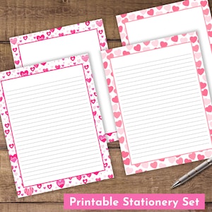 Valentine&#39;s Day Hearts Printable Stationary Pink Red Stationery Set Letter Writing Paper PDF US Letter Size 8.5 x 11&quot;, A4 Lined Unlined