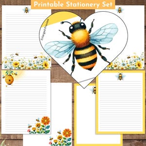 Bees Stationery Paper Printables Set Summer Spring Flowers Stationary Junk Journal Writing Notes Letter Size A4 Print at Home Lined Unlined