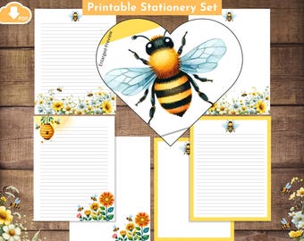 Bees Stationery Paper Printables Set Summer Spring Flowers Stationary Junk Journal Writing Notes Letter Size A4 Print at Home Lined Unlined