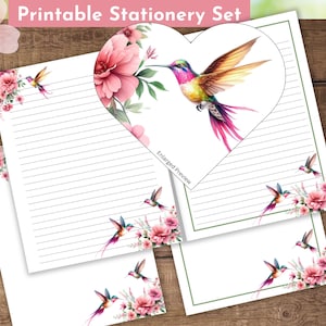 Set de papelería imprimible de colibrí con flores rosas y florales, papelería de primavera, diario, papel para escribir, tamaño carta A4, para imprimir en casa, con líneas y sin líneas.