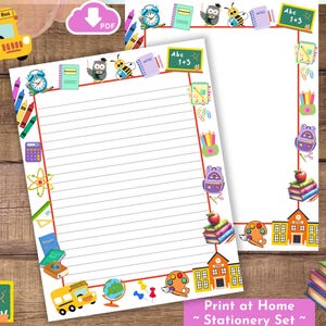 Puede incluir: Dos hojas de papel rayado con temática escolar. Los bordes presentan autobuses escolares, manzanas, libros y otros útiles escolares. El texto "Print at Home Stationery Set" es visible.