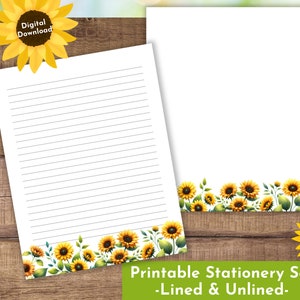 Papeterie imprimable tournesol, papier à lettres tournesols, feuilles d'imprimante tournesol notes format lettre US 8,5 x 11 po. A4 avec ligne sans doublure