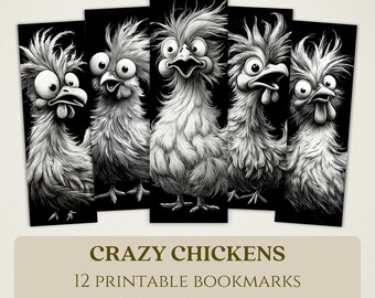 Marcapáginas imprimibles de gallinas locas, imágenes digitales de alta calidad, descarga instantánea, regalo para amantes de los libros, diseño divertido y original de animales de granja en formato PNG.