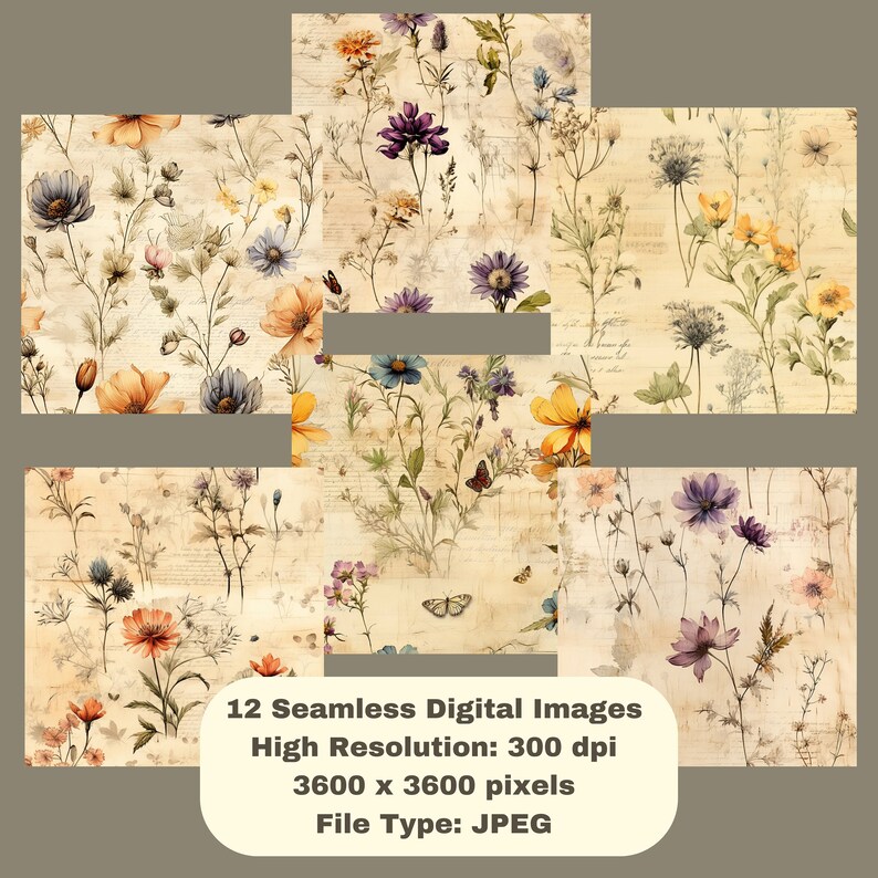 K&ouml;nnte beinhalten: Zw&ouml;lf nahtlose digitale Bilder mit einem Vintage-Blumenmuster mit einer Vielzahl von Blumen in den Farben Lila, Blau, Gelb und Orange auf cremefarbenem Hintergrund. Die Bilder sind 3600 x 3600 Pixel gro&szlig; und haben eine Aufl&ouml;sung von 300 dpi.